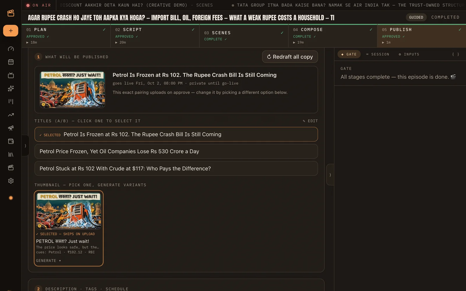 Publish step with three title options and the chosen thumbnail